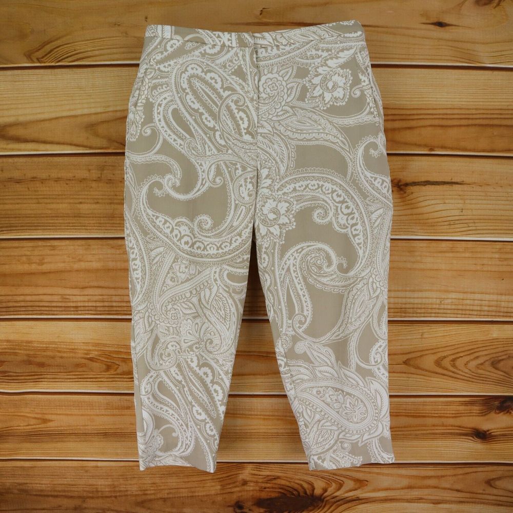 Susan Graver Pants Stretch Waist High Rise Womens 10 Beige White Paisley Pockets - Picture 2 of 7